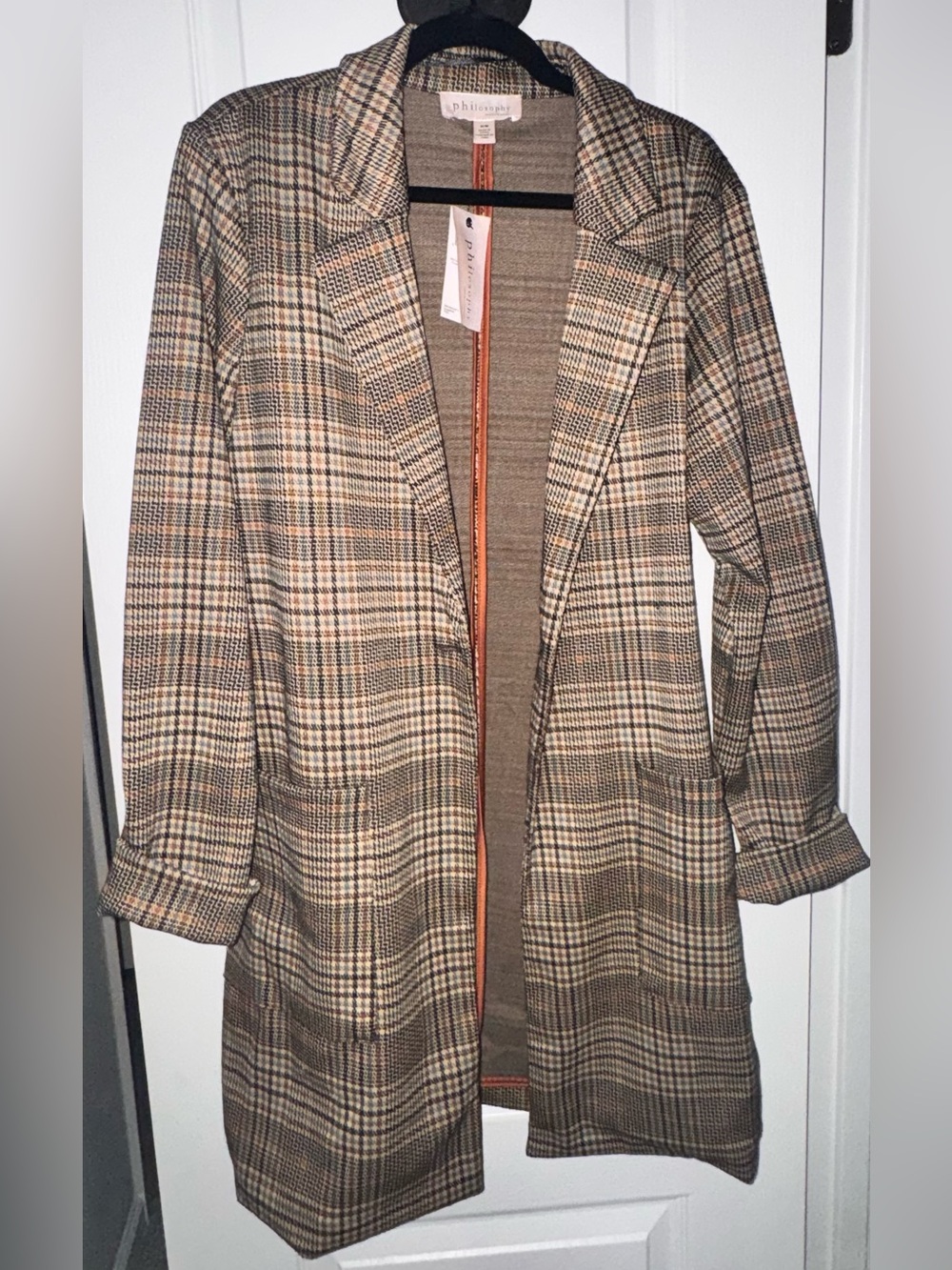 NWT Philosophy Plaid Longline Blazer Jacket Brown Black M
